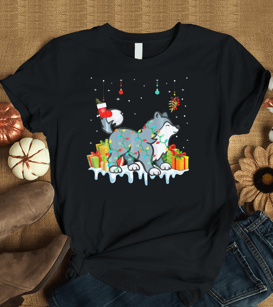 Festive Siberian Husky with Christmas Lights and Gifts T-Shirt