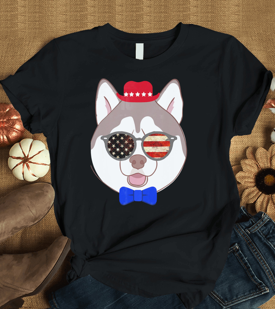 Patriotic Siberian Husky Hipster Dog USA Stars Stripes Hat Sunglasses Bow Tie T-Shirt
