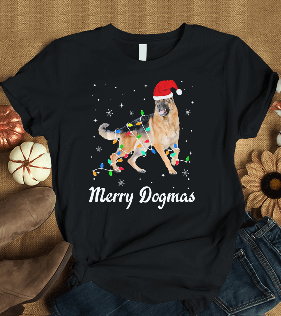 Merry Dogmas German Shepherd Christmas Lights Santa Hat T-Shirt