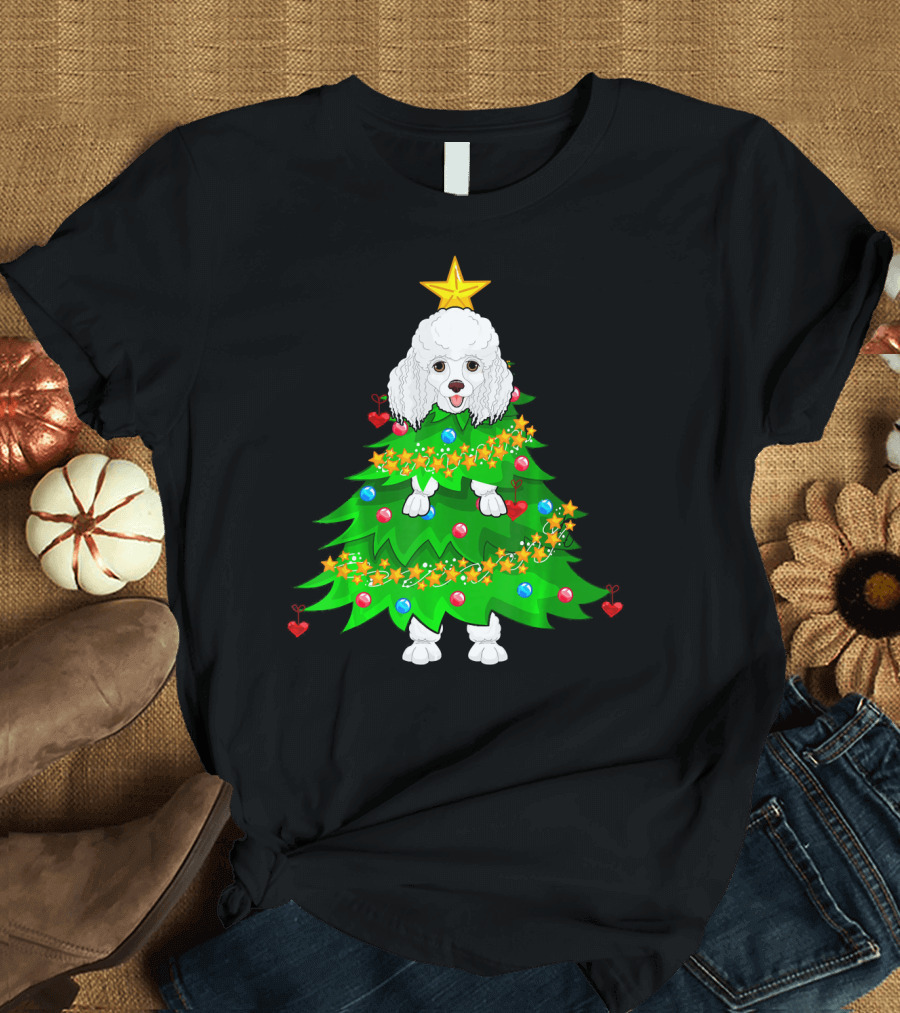 Poodle Pine Tree Christmas Star Decorated with Hearts and Baubles T-Shirt