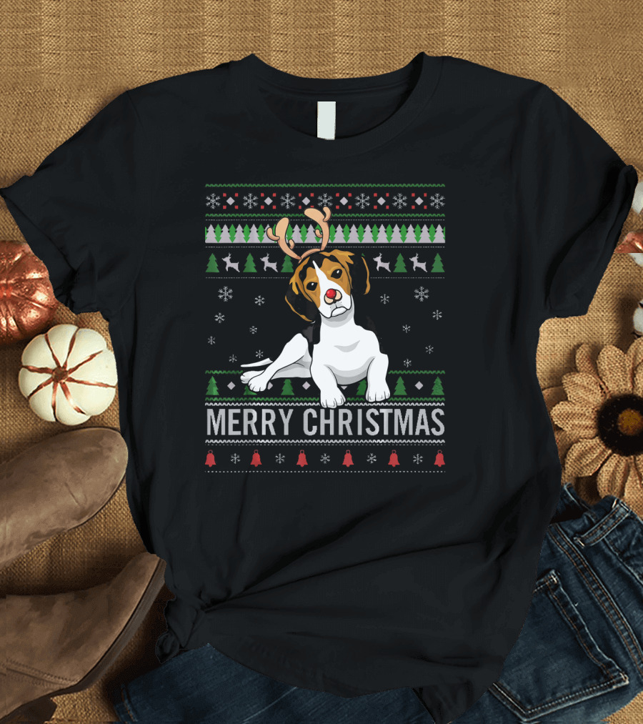 Merry Christmas Beagle Dog with Reindeer Antlers and Red Nose in Holiday T-Shirt