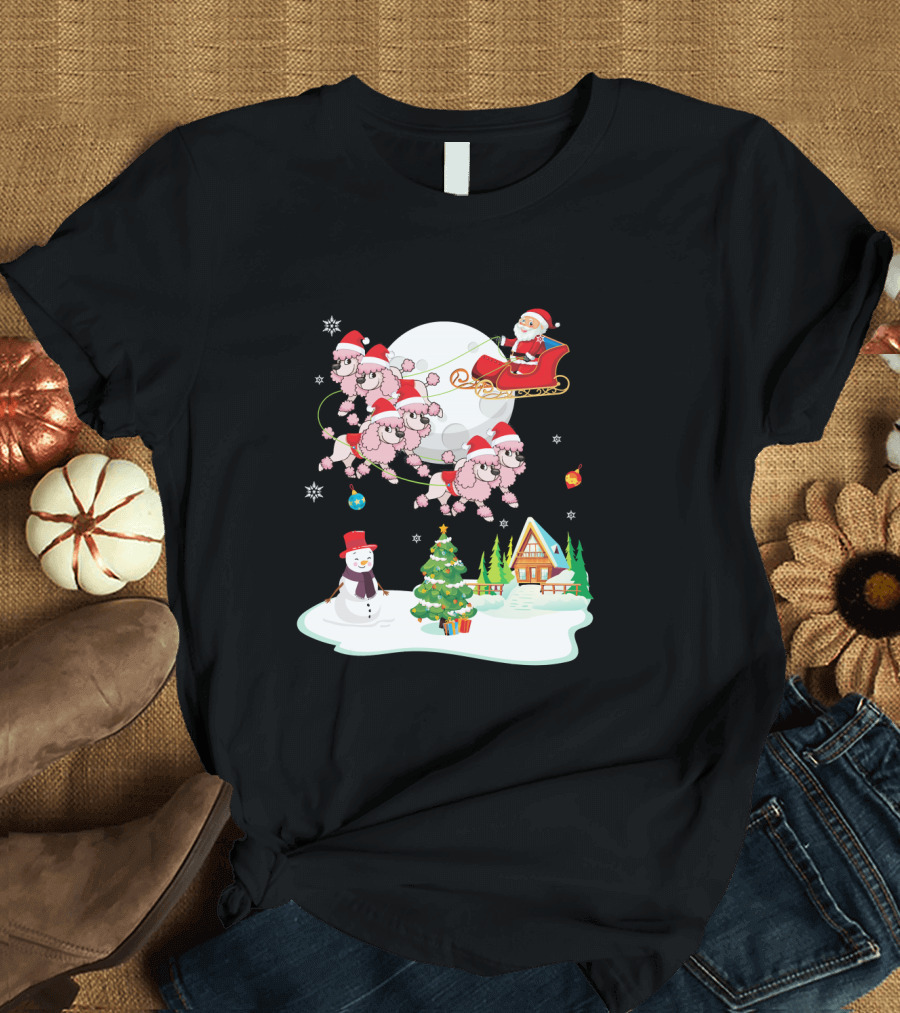 Santa Claus Sleigh with Poodle Reindeer and Snowman by Christmas Cabin T-Shirt
