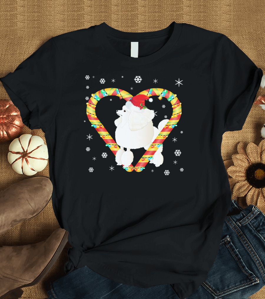 Poodle in Santa Hat with Candy Cane Heart and Snowflakes T-Shirt
