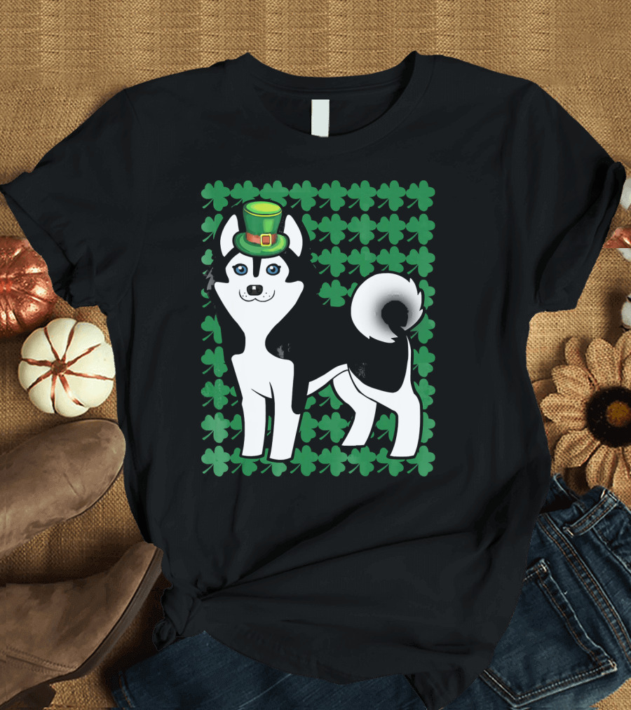 Leprechaun Siberian Husky Dog with Clover Background T-Shirt