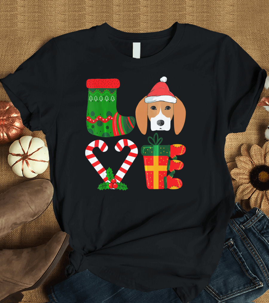 Lover Beagle Christmas Funny Dog Stocking Candy Cane Present Hat T-Shirt