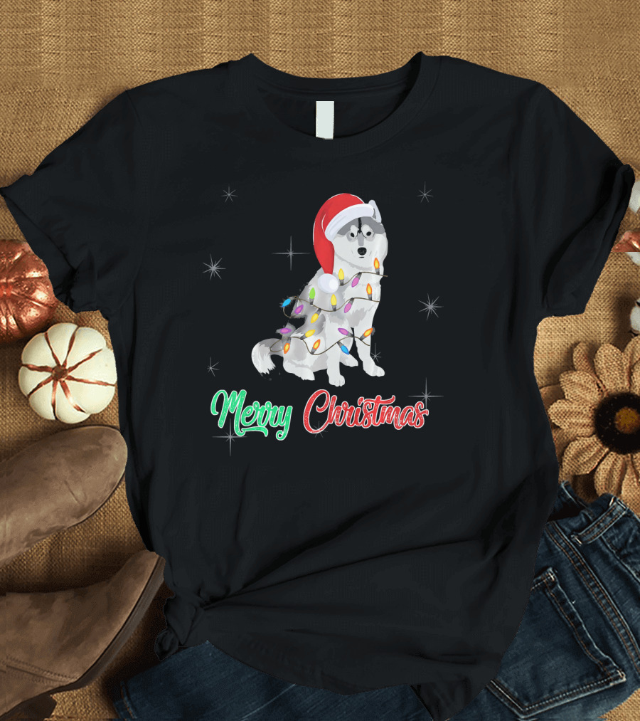 Merry Christmas Santa Hat Husky Wrapped in Colorful Lights T-Shirt