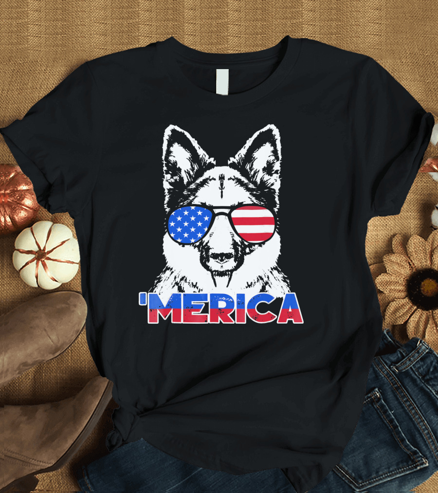 Patriot German Shepherd 'Merica with American Flag Sunglasses T-Shirt