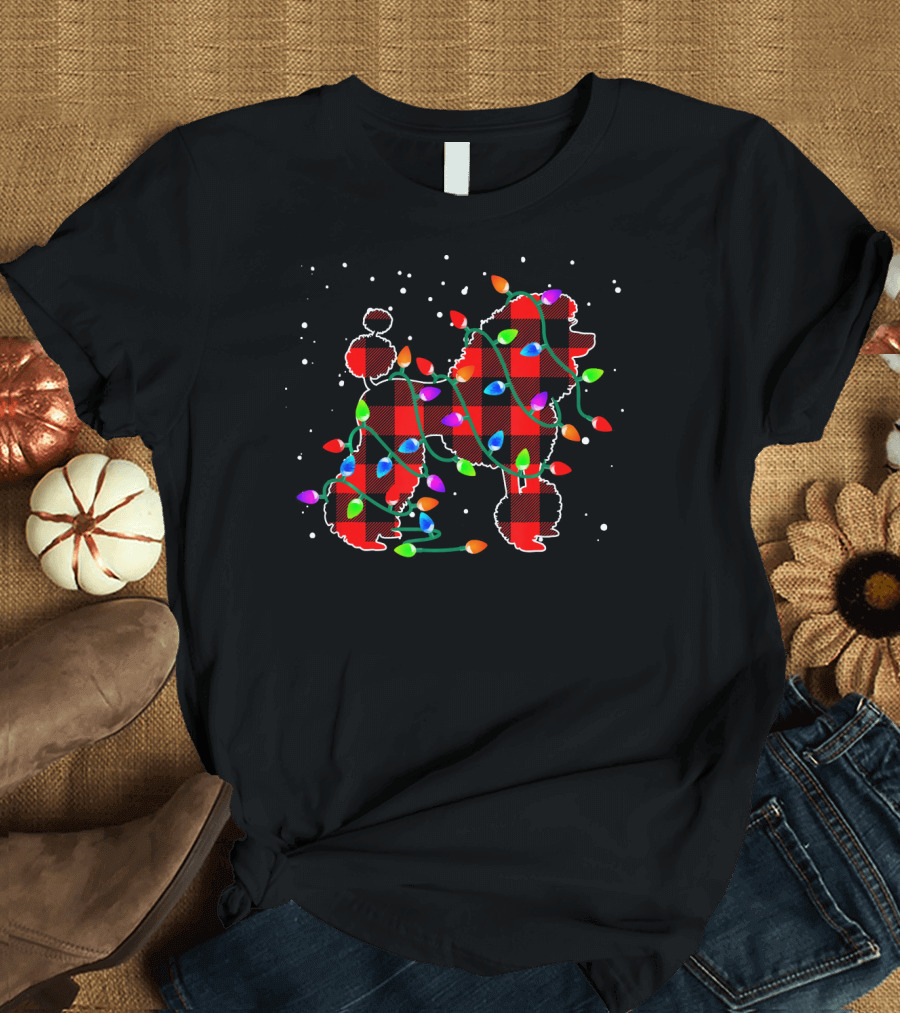 Poodle Dog Matching Family Christmas Pajamas Plaid Lights T-Shirt