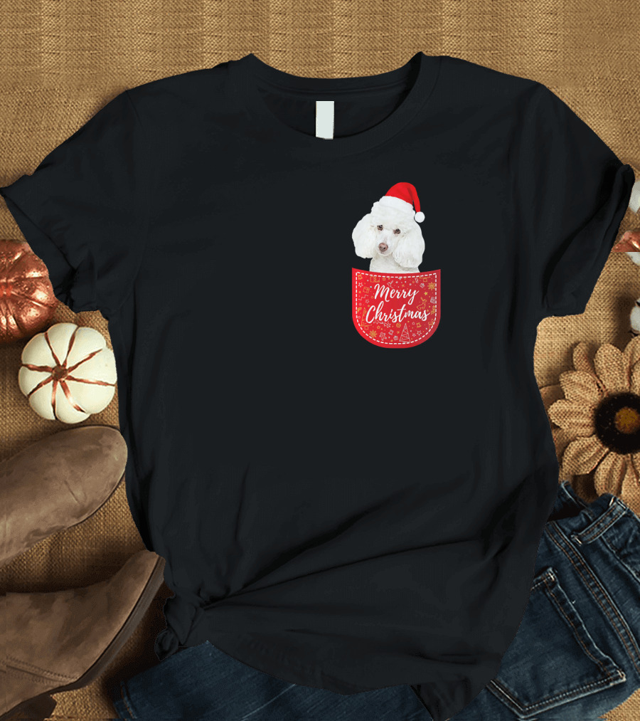 Merry Christmas Poodle Dog in Santa Hat Pocket T-Shirt