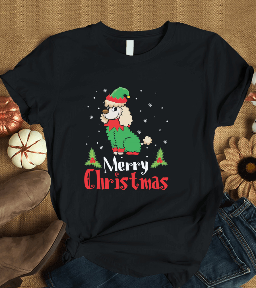 Merry Christmas Poodle in Elf Costume with Snow and Holly T-Shirt