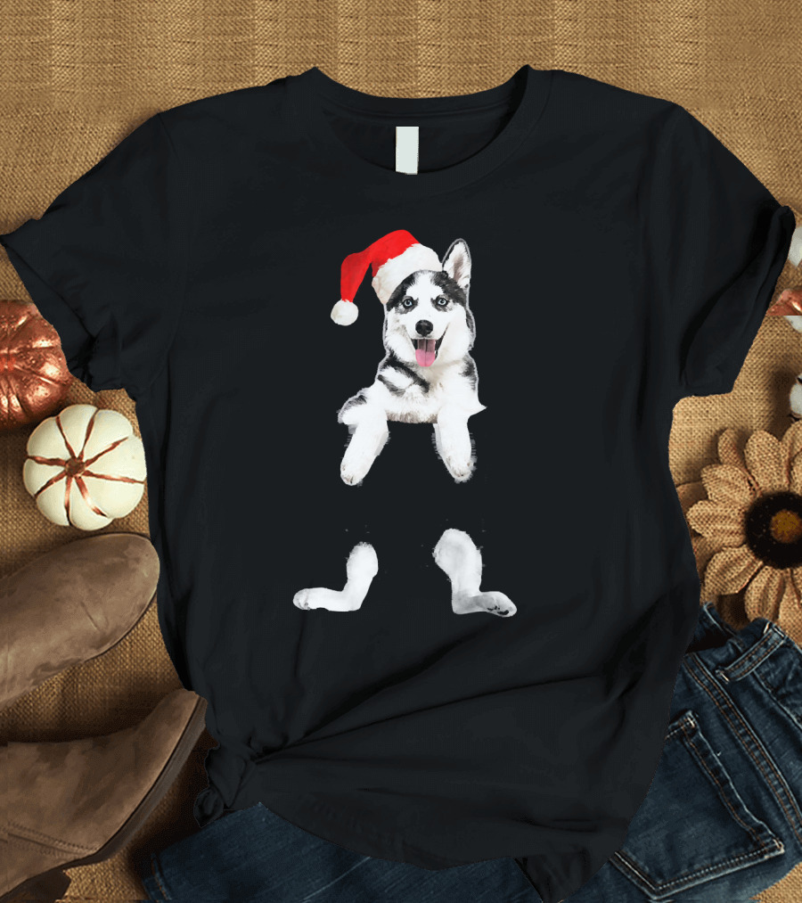 Husky in Santa Hat Peeking Out of Pocket T-Shirt