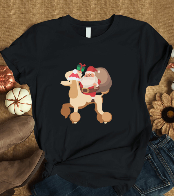 T-Shirt: Santa Claus with Gift Sack Riding a Festive Poodle T-Shirt Santa Claus with Gift Sack Riding a Festive Poodle T-Shirt