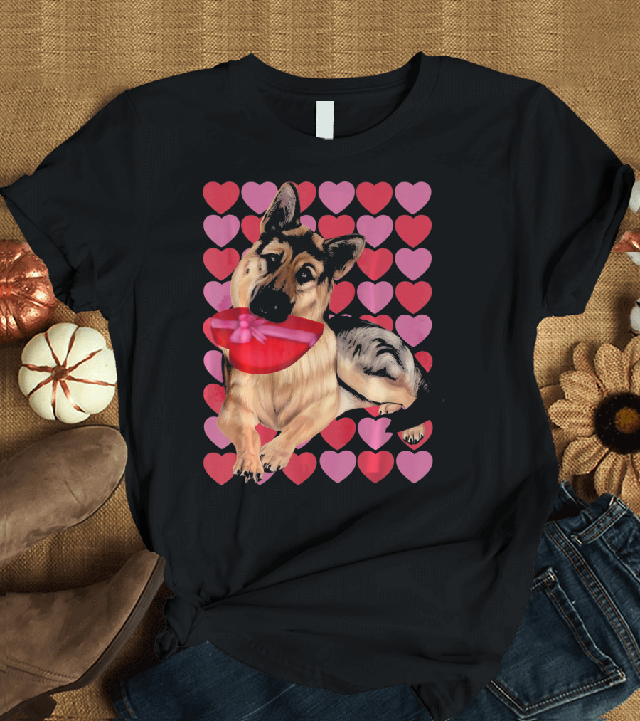Valentines German Shepherd with Heart Background and Gift Box T-Shirt