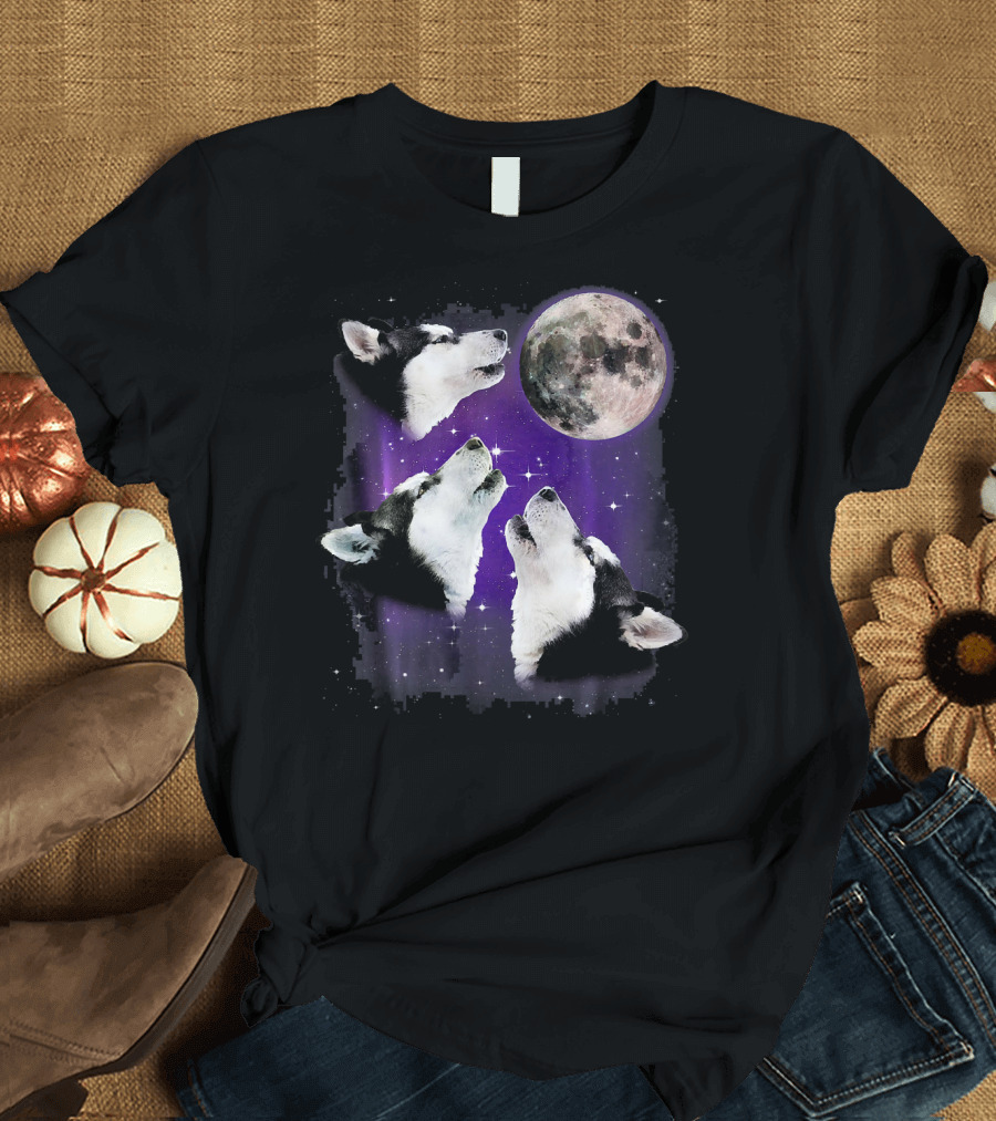 Cute Husky Mom Dog Three Wolves Moon T-Shirt