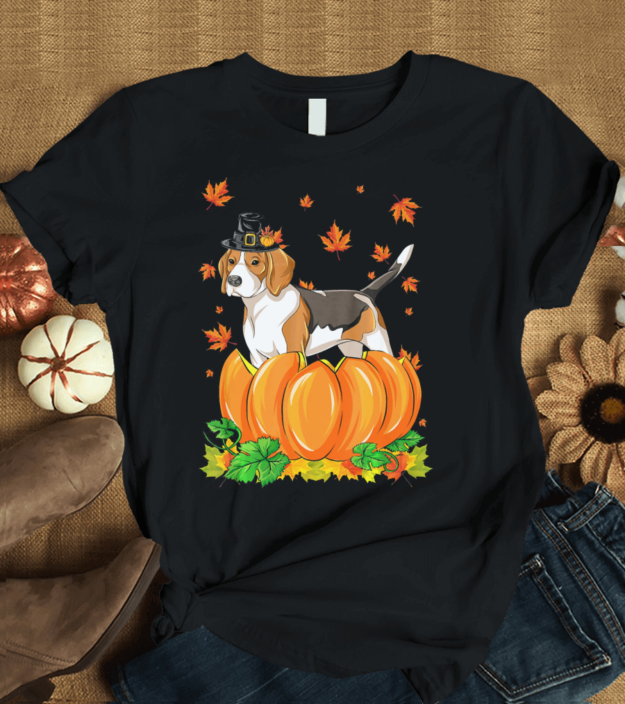 Thanksgiving Beagle Dog Pilgrim Hat Pumpkin Leaves T-Shirt