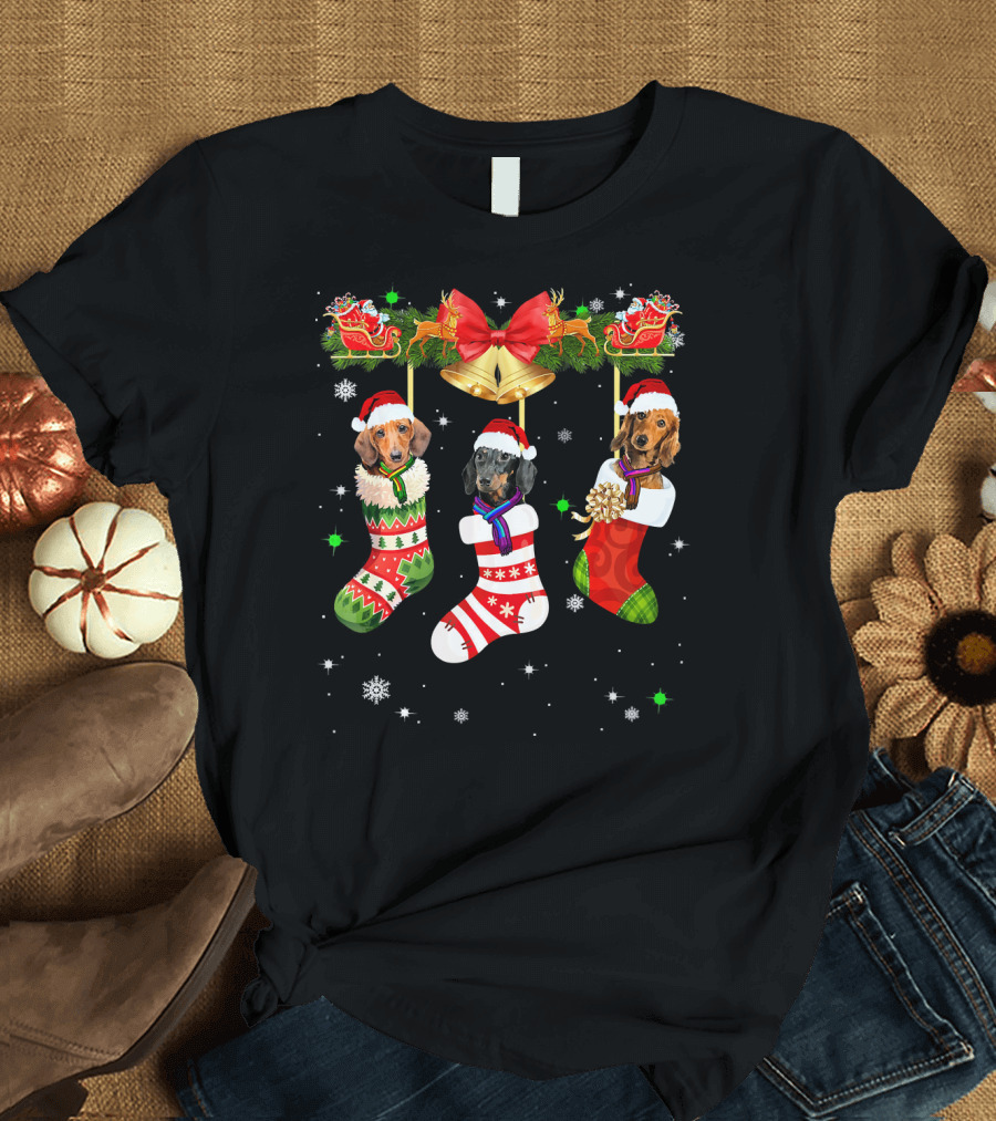 Three Dachshunds in Christmas Stockings with Santa Sleigh and Bells T-Shirt