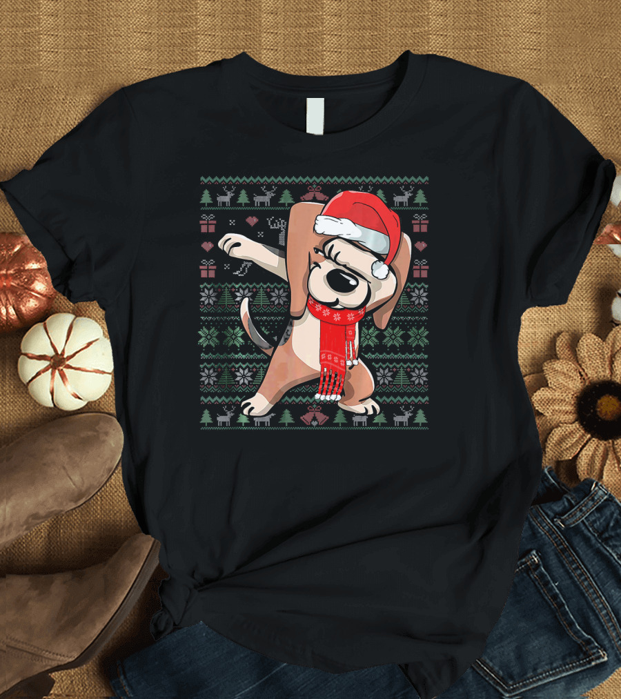 Ugly Xmas Dabbing Beagle Dog Christmas Santa Hat T-Shirt