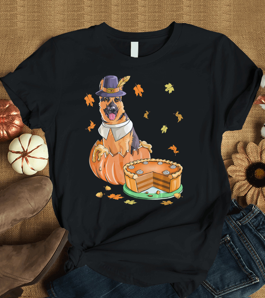 Thanksgiving Halloween Pumpkin German Shepherd Pilgrim Hat Autumn Leaves Pie T-Shirt