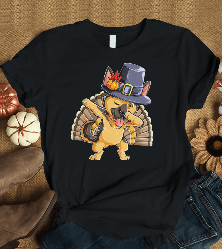 Thanksgiving Dabbing German Shepherd Pilgrim Hat Turkey Tail T-Shirt