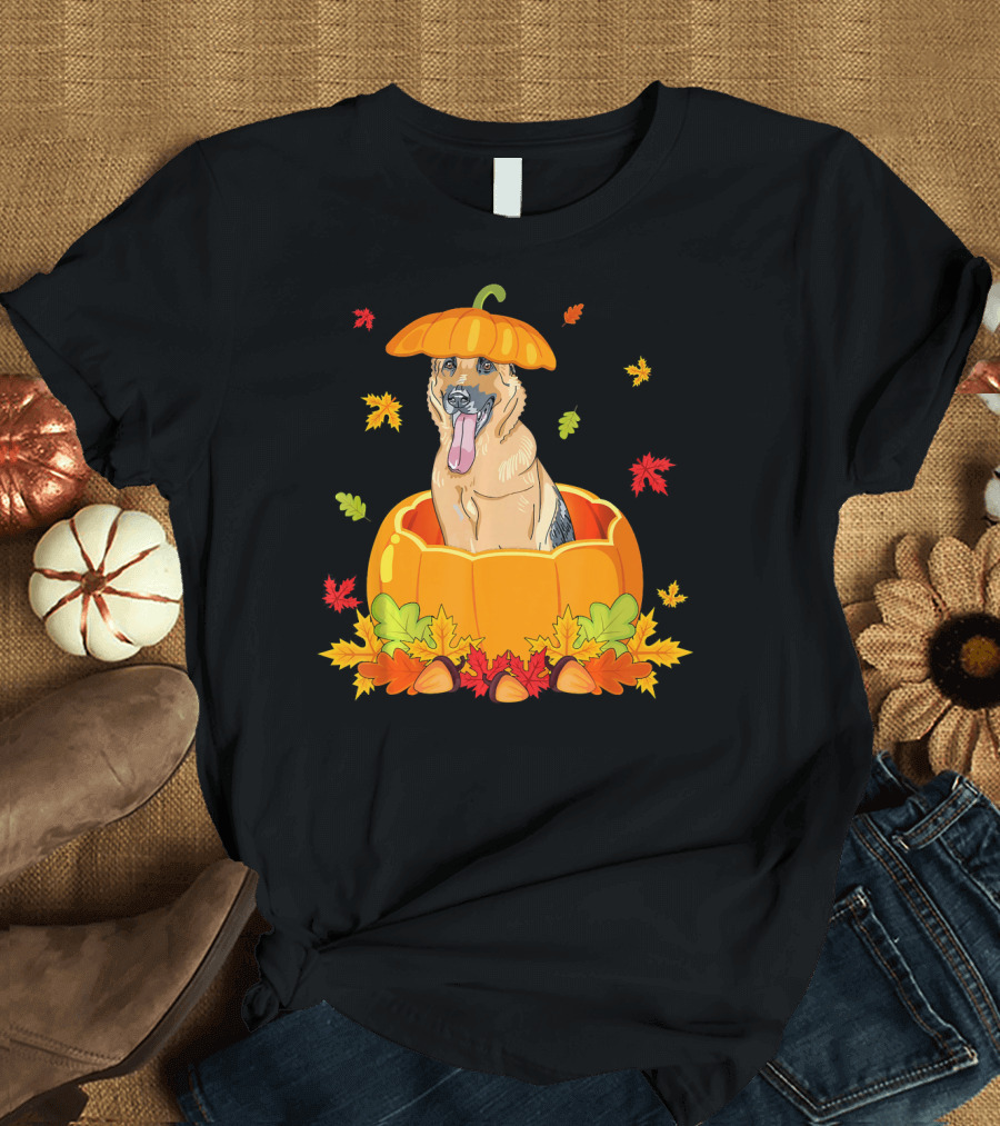 Thanksgiving Cute German Shepherd Pumpkin with Autumn Leaves T-Shirt