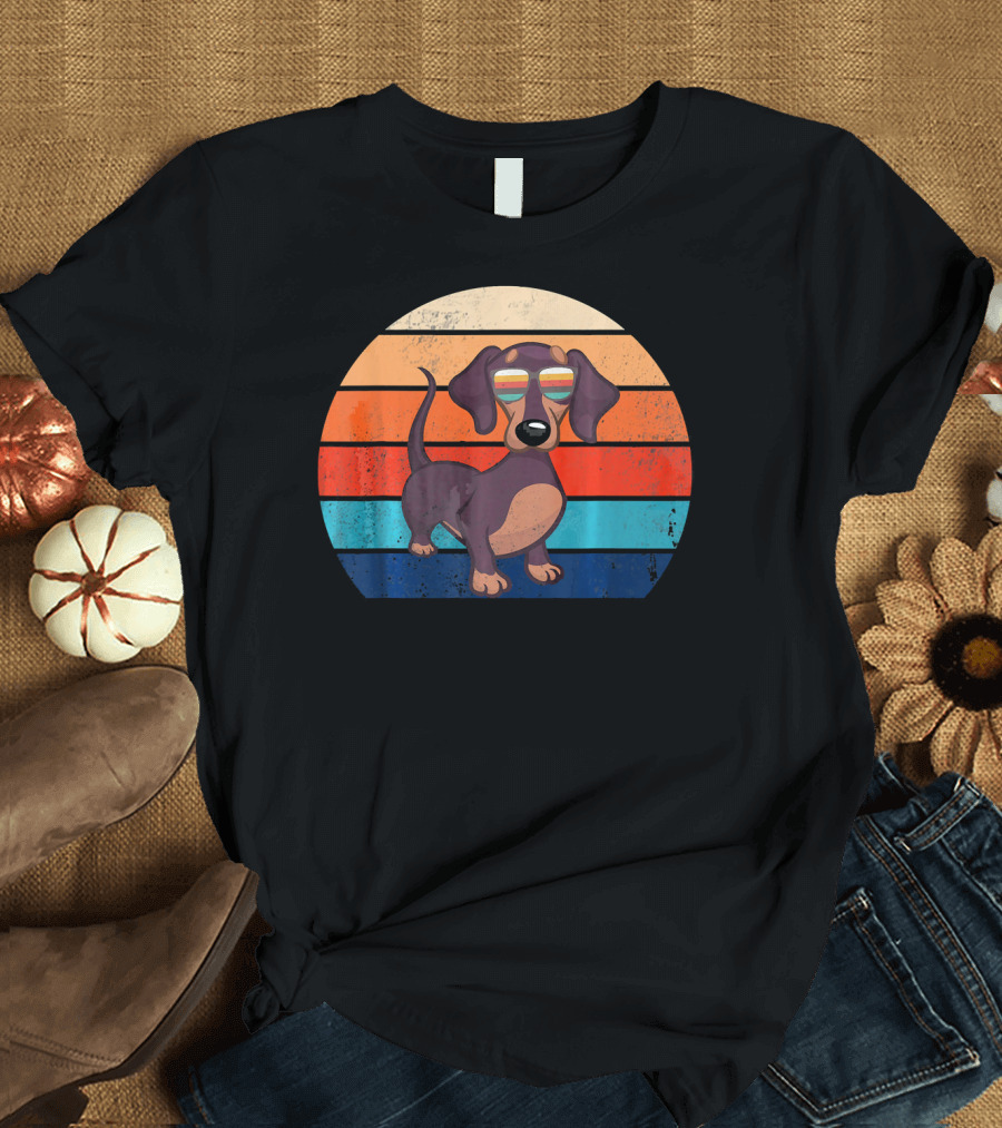 Vintage Retro Dachshund with Striped Sunset Glasses T-Shirt