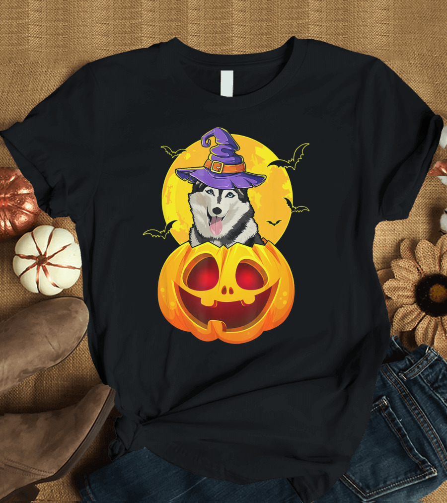 Siberian Husky in Witch Hat Inside Jack O Lantern with Full Moon and Bats T-Shirt