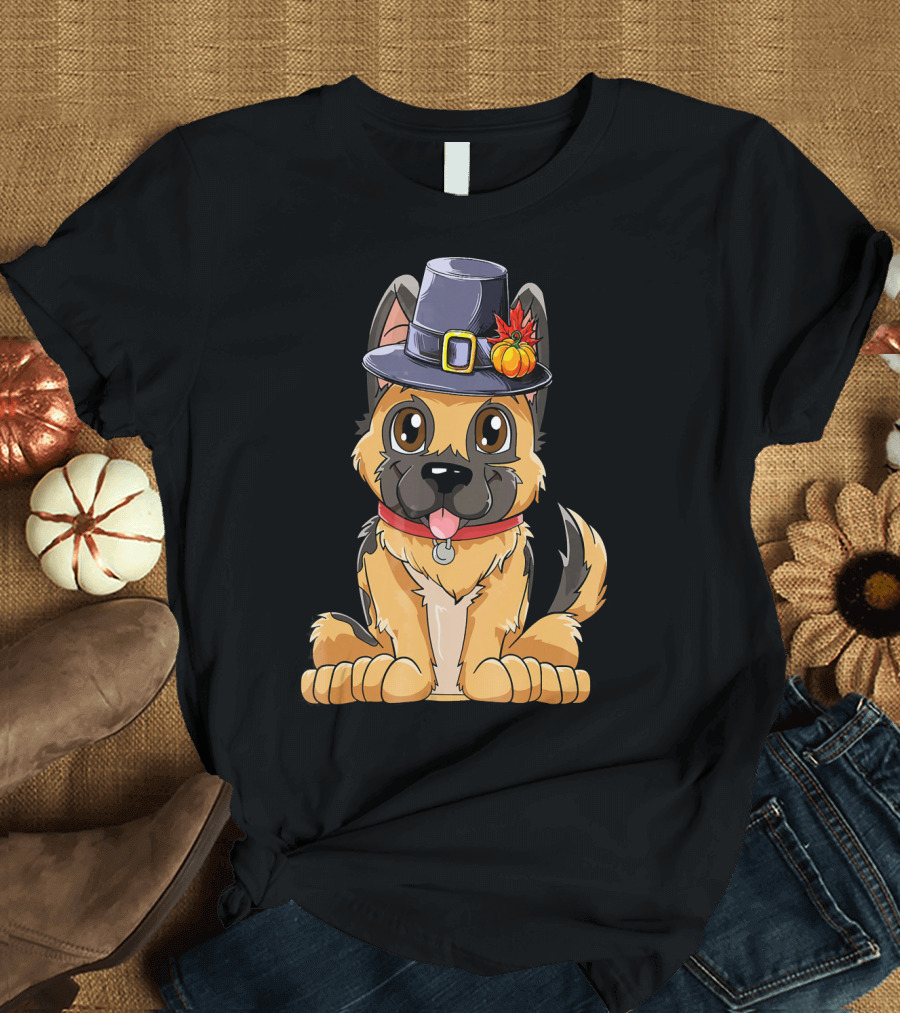 Thanksgiving German Shepherd Dog in Pilgrim Hat T-Shirt