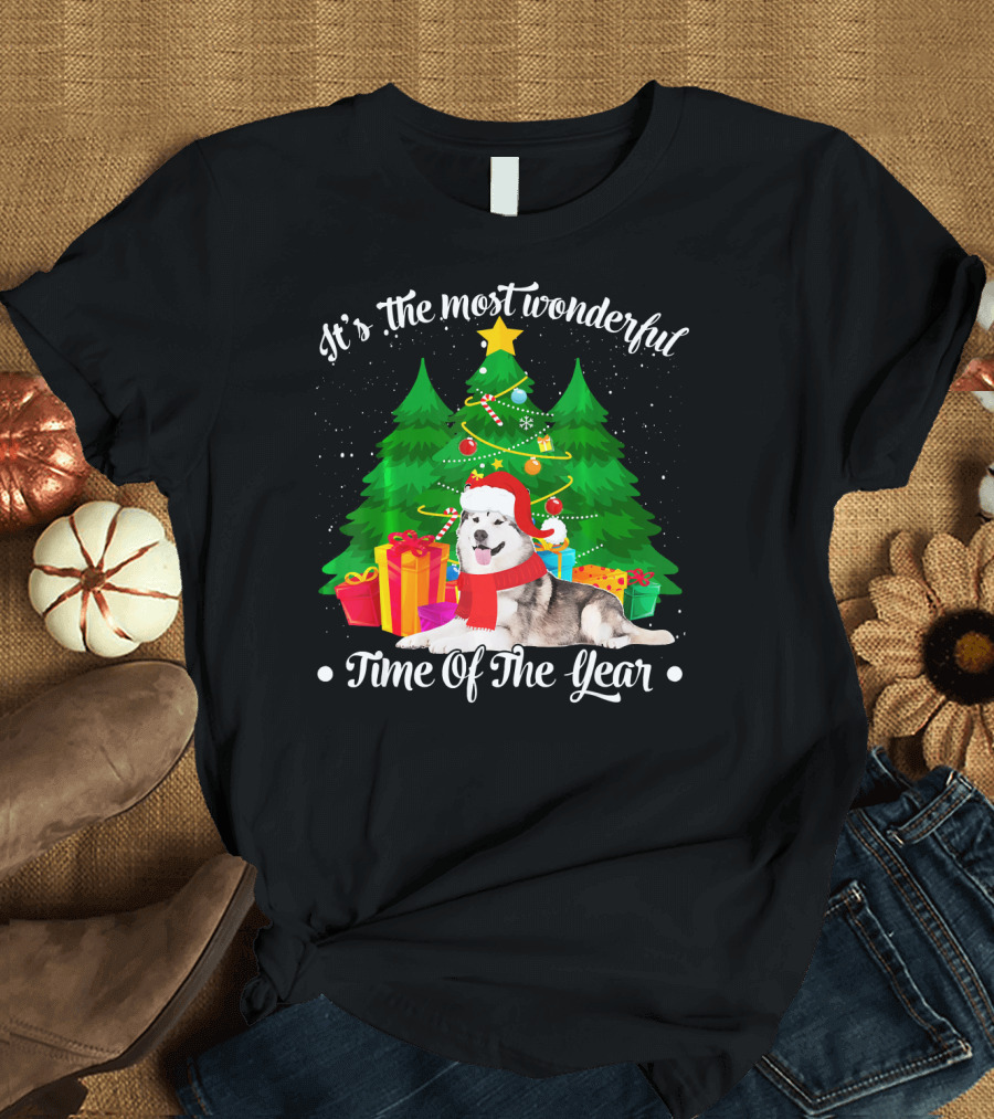 It's the Most Wonderful Time of the Year Siberian Husky Christmas Tree and Gifts T-Shirt