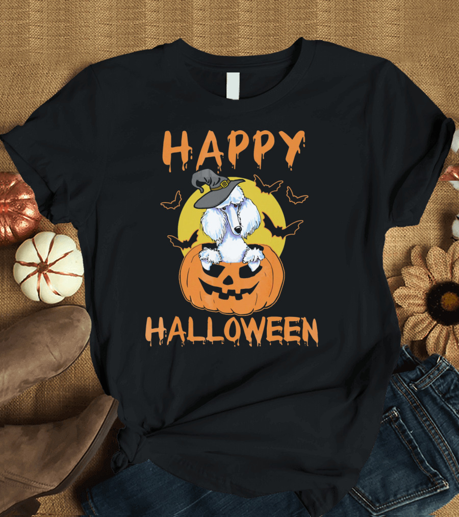 Happy Halloween Poodle Pumpkin with Witch Hat T-Shirt