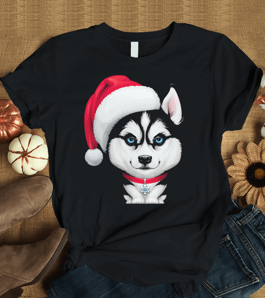 Siberian Husky in Santa Hat with Red Collar and Blue Eyes T-Shirt