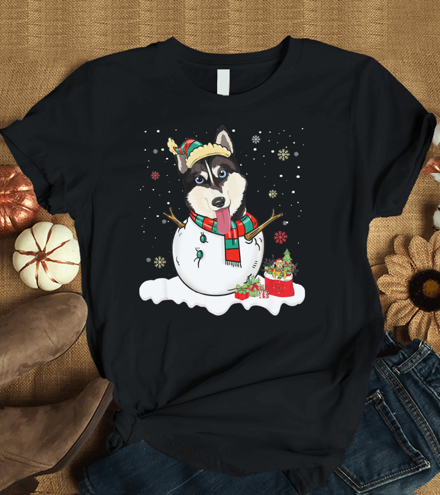 Siberian Husky Snowman Christmas Cheer with Festive Hat and Gifts T-Shirt