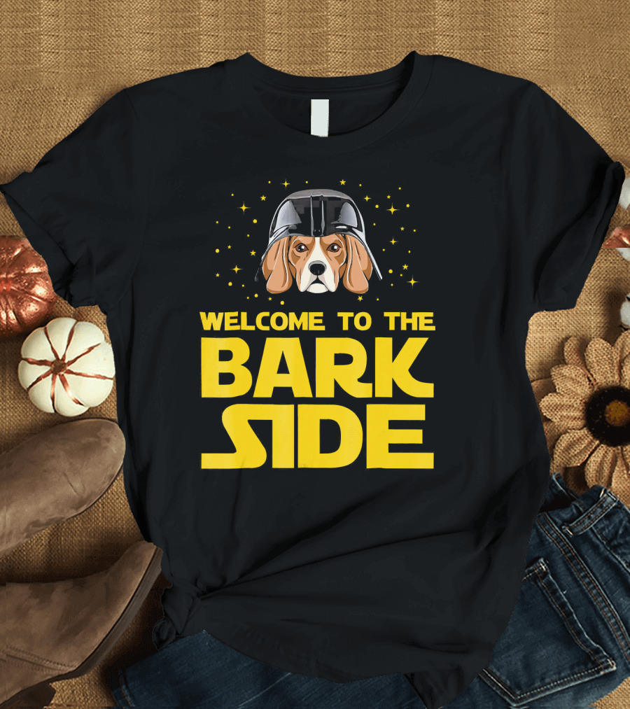Welcome to the Bark Side Beagle in Star Helmet with Yellow Lettering and Stars T-Shirt