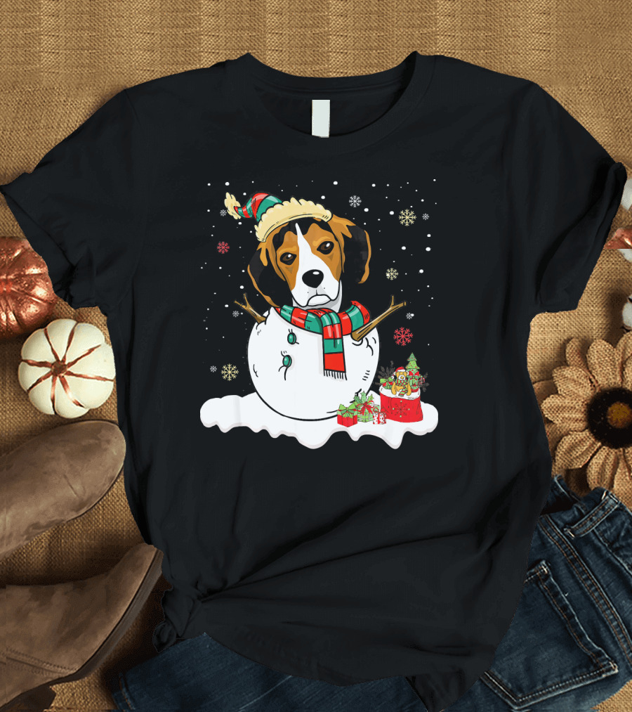Snowman Beagle Lover Merry Christmas Festive Holiday Snowflakes T-Shirt