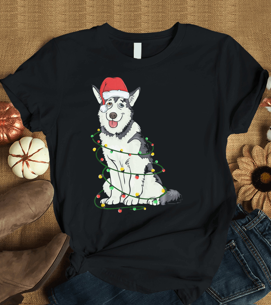Siberian Husky Santa Claus Hat Merry Christmas Lights T-Shirt