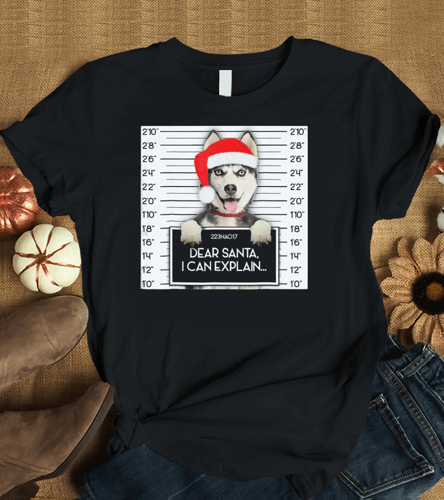 Siberian Husky Mugshot Xmas Santa Hat T-Shirt