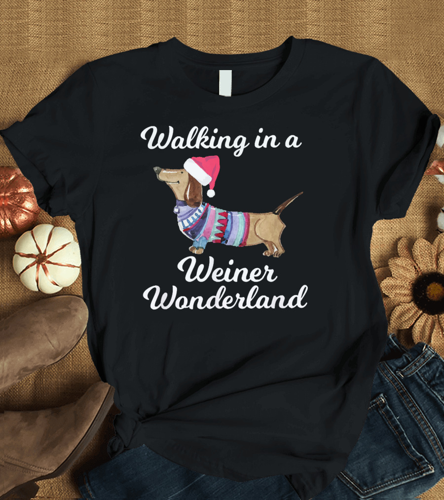 Walking in a Weiner Wonderland Dachshund Christmas Sweater Santa Hat T-Shirt