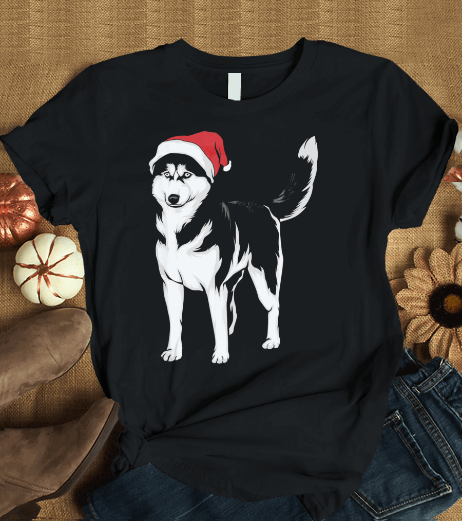 Siberian Husky in Santa Christmas Hat Holiday T-Shirt