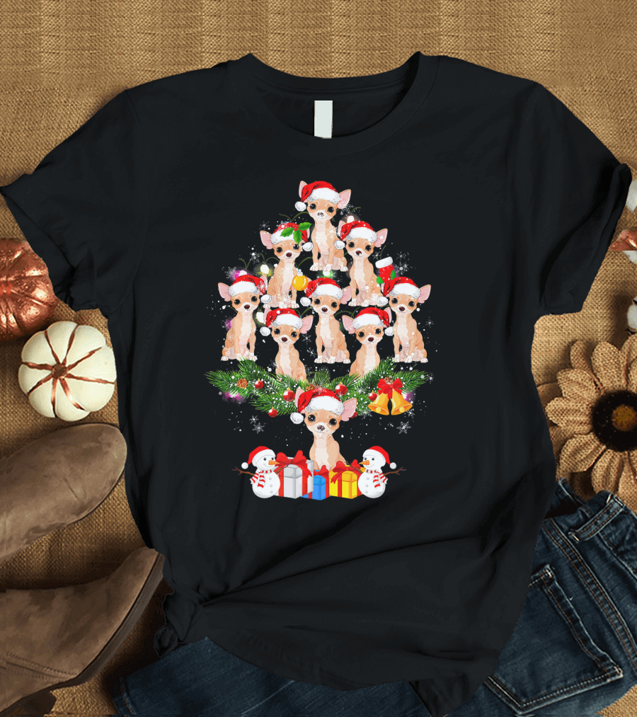 Chihuahua Christmas Tree Santa Hat with Presents and Snowmen T-Shirt