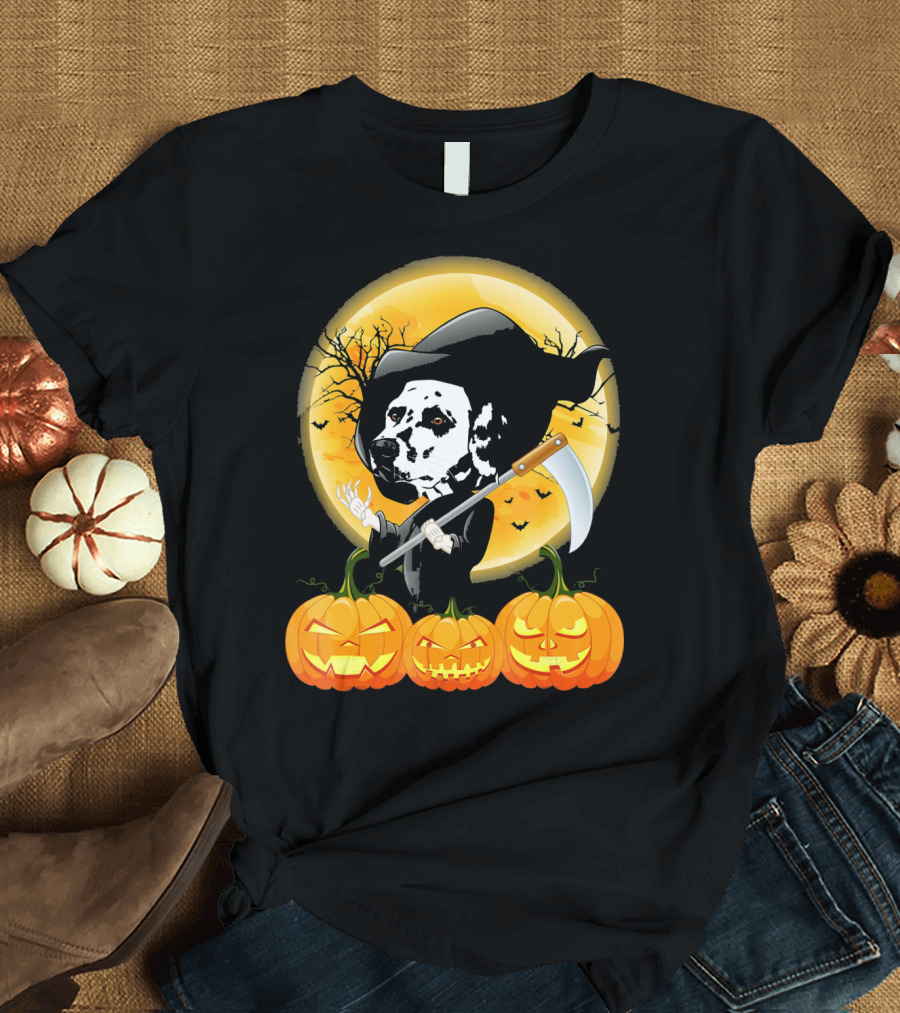 Cute Dalmatian Grim Reaper with Pumpkins and Moon T-Shirt