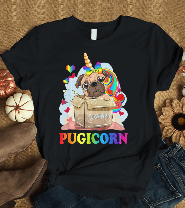T-Shirt: Pugicorn Rainbow Unicorn Pug in Box with Hearts and Bow T-Shirt Pugicorn Rainbow Unicorn Pug in Box with Hearts and Bow T-Shirt