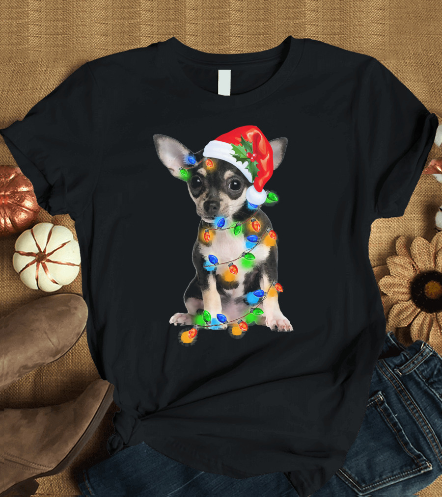 Black Chihuahua Christmas Lights Santa Hat T-Shirt