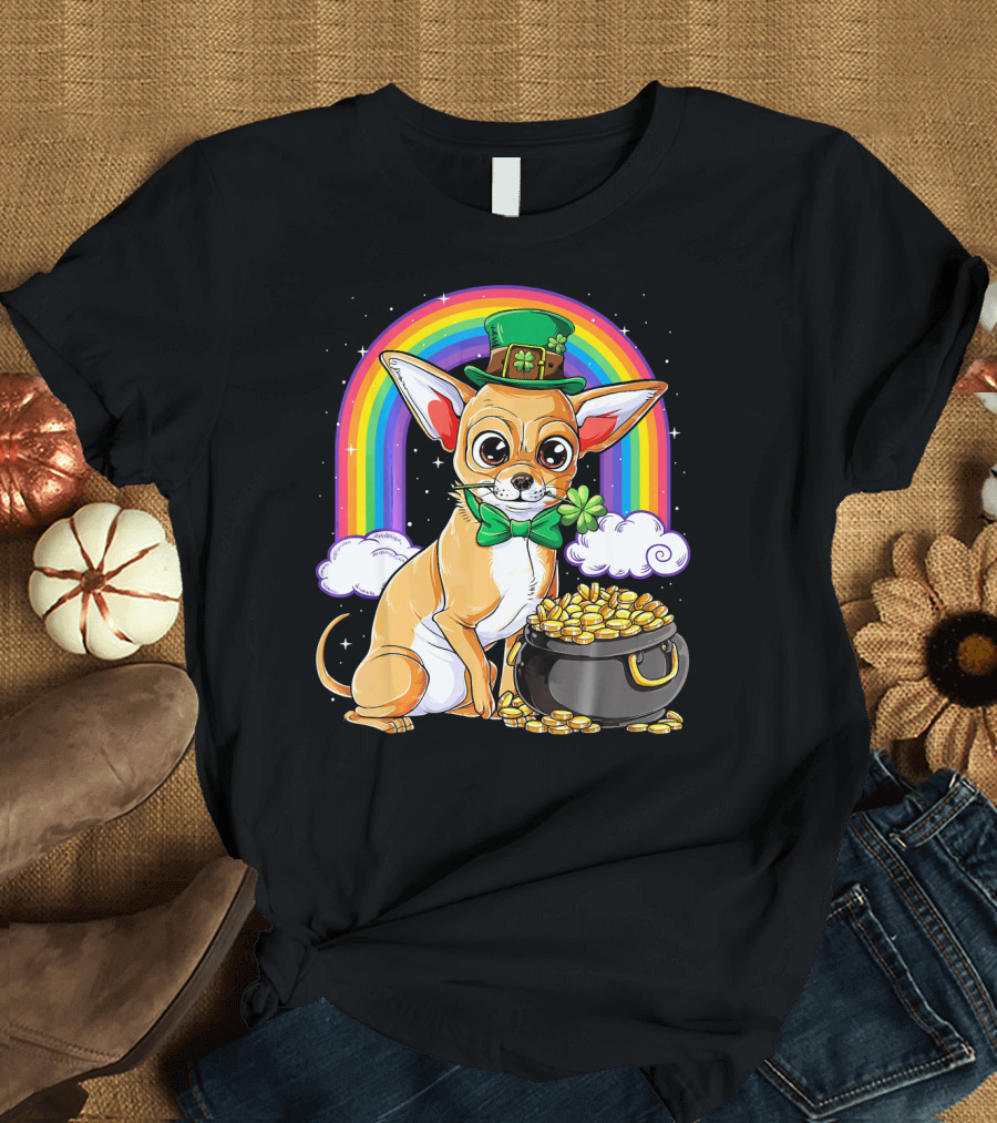 Chihuahua Leprechaun Rainbow Pot of Gold T-Shirt