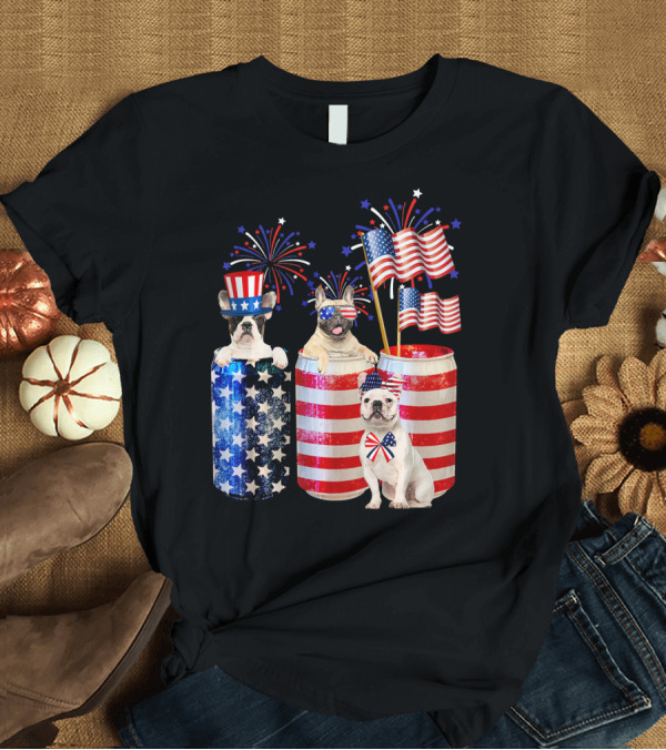 T-Shirt: Patriotic French Bulldogs with American Flags and Fireworks T-Shirt Patriotic French Bulldogs with American Flags and Fireworks T-Shirt