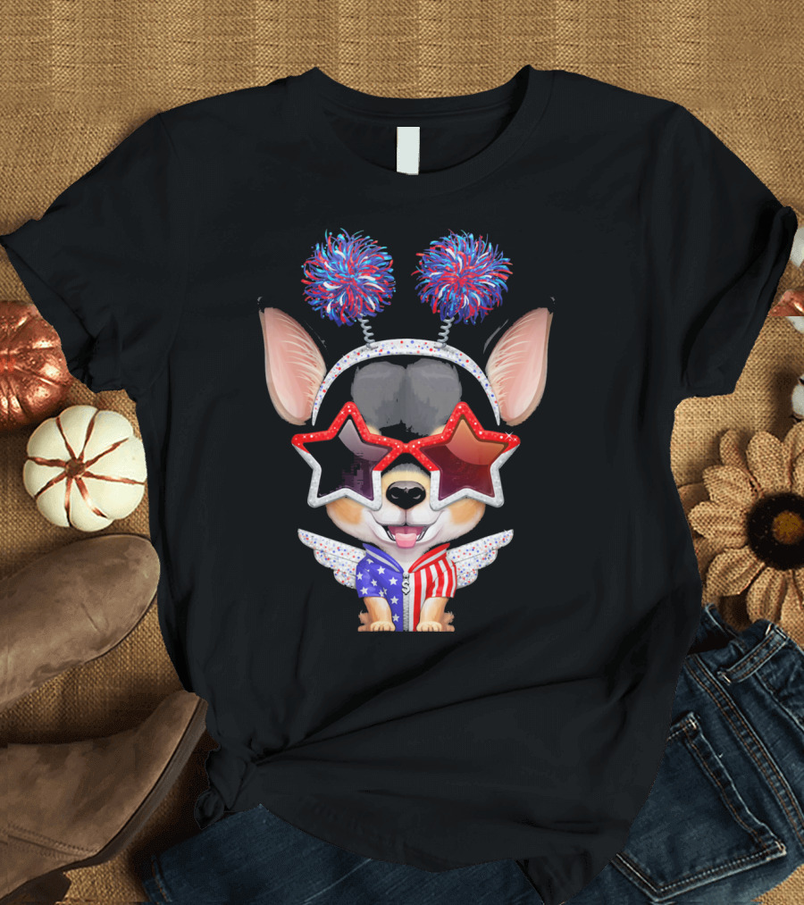 Black and Tan Shorthaired Chihuahua Independence Day Celebration with Star Glasses and Patriotic Colors T-Shirt