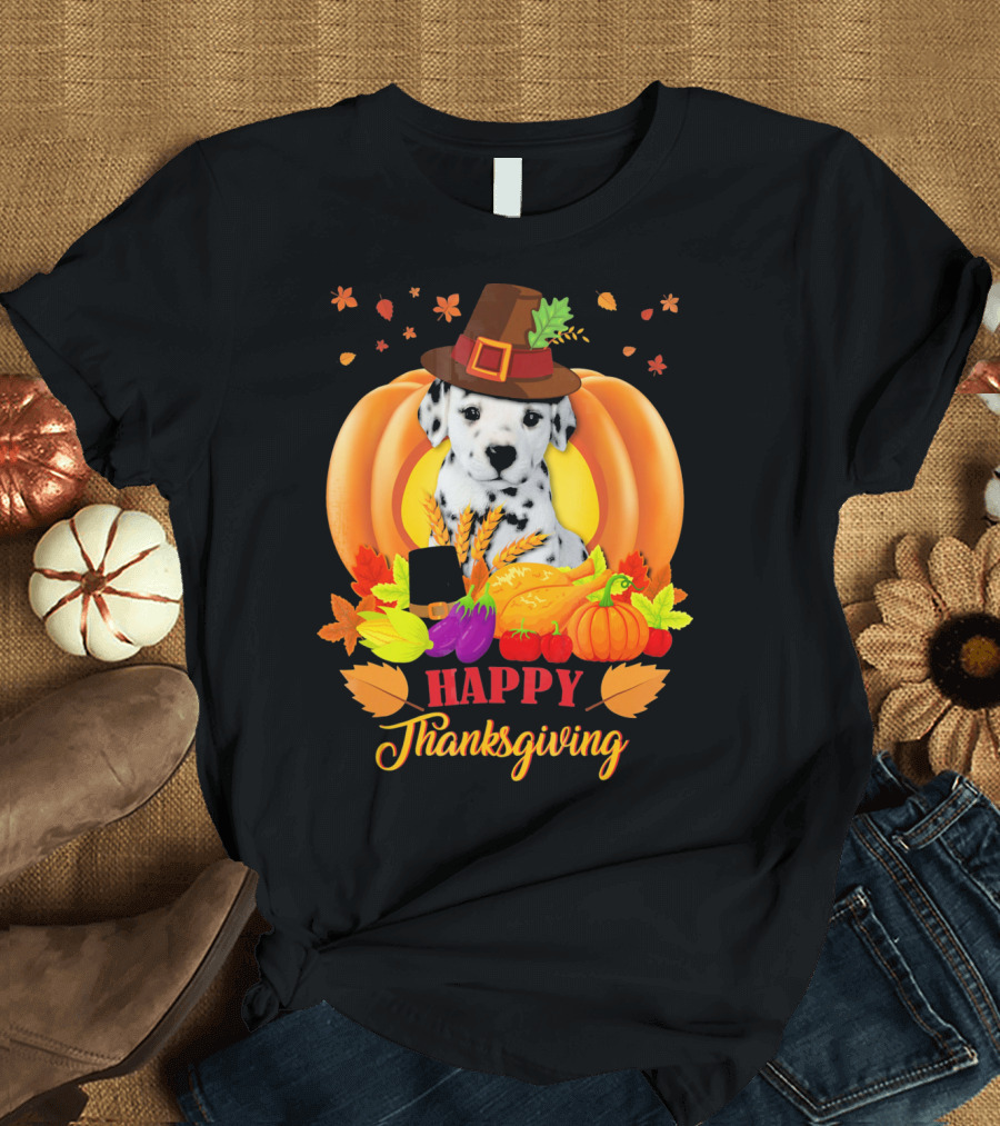 Dalmatian Puppy in Thanksgiving Harvest Scene with Pumpkin and Leaves T-Shirt
