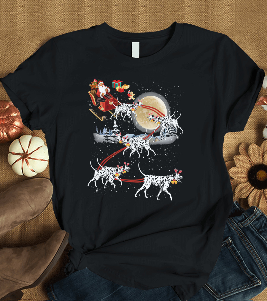 Santa Claus Riding Sleigh Pulled by Dalmatian Reindeer on Christmas Night T-Shirt