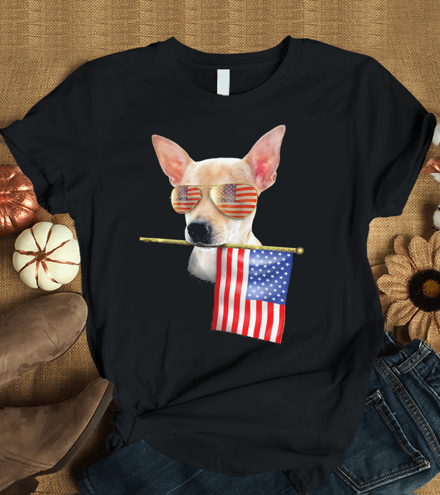 4th of July Fun American Flag Chihuahua Wearing Sunglasses T-Shirt