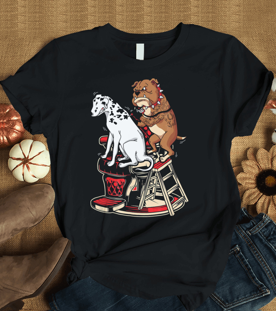 Dalmatian Getting Inked by Tattooed Bulldog Barber on Chair T-Shirt
