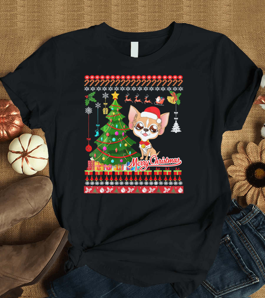 Merry Christmas Chihuahua Dog with Santa Hat and Christmas Tree T-Shirt