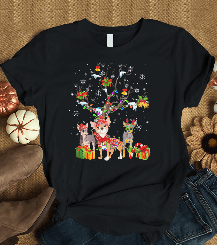 Chihuahua Dog Christmas Tree Lights Snowflakes Presents Candy Cane T-Shirt
